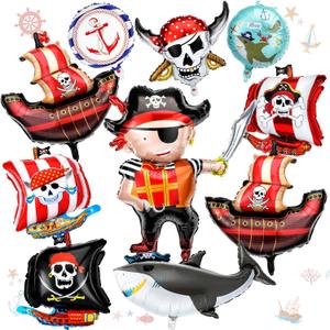 Sosation 10 Pcs Pirate Balloons Birthday Party Decorations Round Pirate Ship Ocean Skeleton Shark Foil Balloon for Themed Arch Kit Celebration Backdrop Birthday Party Supplies Decorations, Red Black