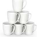 Coffee Mugs Set of 6, 16 Oz White Coffee Mugs, Porcelain Mugs, Large and Easy to Grip Mug Sets, Embossed Coffee Cup Set for Coffee, White