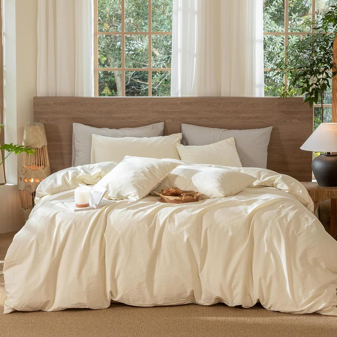 MooMee Wavy Striped Duvet Cover Set 100% Washed Cotton Linen Like Textured Breathable Durable Soft Comfy (Cream White, Oversized Queen 98"x98")