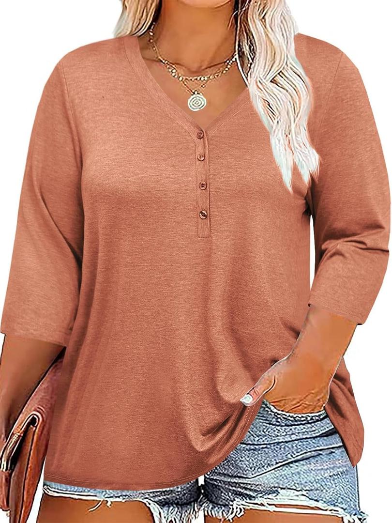 ZDC Women's Plus Size Tops 3/4 Sleeve V Neck T Shirts Button Down Basic Tunic (Orange, XL)