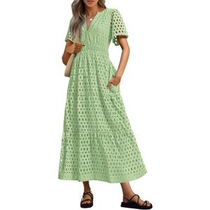PRETTYGARDEN Women's 2026 Summer Maxi Dress Short Sleeve V Neck Hollow Out Eyelet A Line Long Flowy Beach Vacation Dresses (Bean Green, XX-Large)