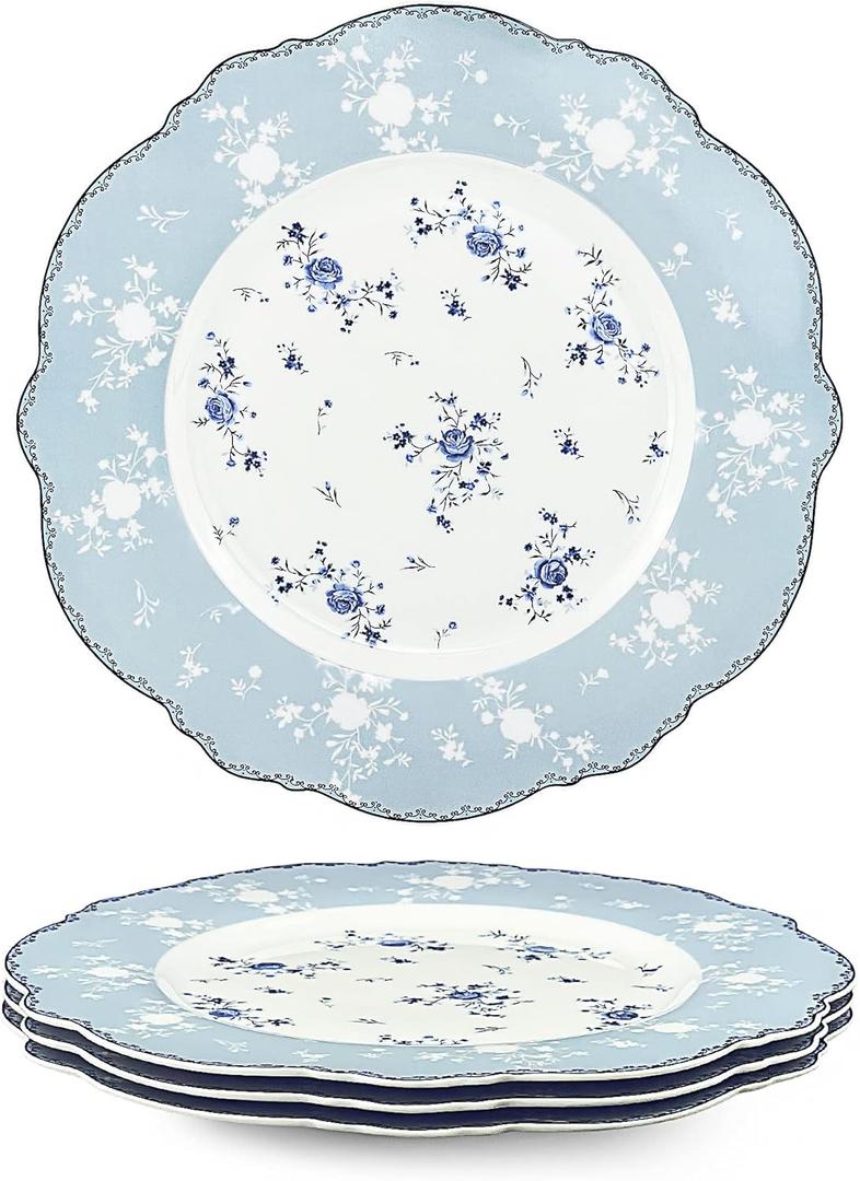 fanquare 10 Inch Porcelain Dinner Plates Set of 4, Lace Dishes Set for Salad, Pasta, Soup, Dessert, Blue Roses