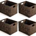 Layhit 4 Pcs Wicker Storage Basket Water Hyacinth Handwoven Baskets with Handles Foldable Woven Organizer Multipurpose Wicker Storage Bins for Bedroom Living Room(16 x 11 x 11'',Dark Brown)
