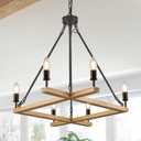 L45'' Natural Farmhouse Square Wood Chandeliers Rustic 6-Light Unique Rectangular Candle Chandelier Long Ceiling Pendant Light for High Ceiling Living Dining Room Foyer Kitchen Island,E12