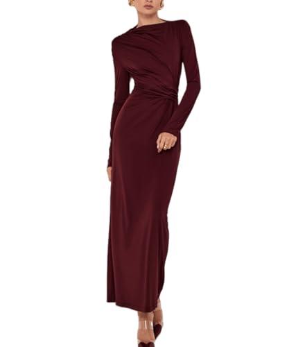YOXUA Women Elegant Casual Long Sleeve Sexy Bodycon Lounge Temperament Crew Neck Maxi Dress Red M