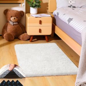 2x3 Cream White Rugs for Bedroom Living Room, Fluffy Small Area Rug Soft Shag Carpet for Kids Boys and Girls Room with 4 Rugs Non-Slip Stickers Dorm Home Decor (2ft x 3ft)