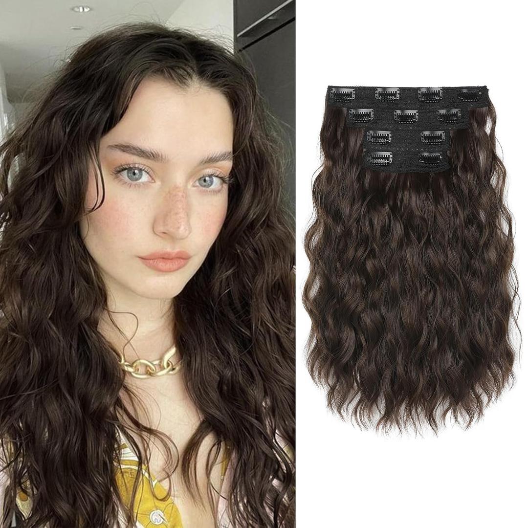 REECHO Clip in Hair Extensions, 4PCS Hair Extensions 14" Short Wavy Invisible Lace Weft Natural Soft Hairpieces for Women  Chocolate Brown