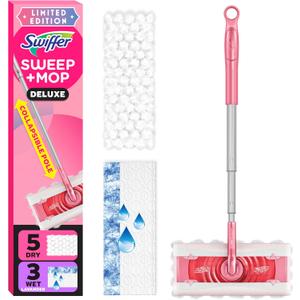 Swiffer Sweep and Mop Deluxe, Limited Edition Pink Wicked: for Good, 2-in-1 Floor Mopping and Sweeping Kit, 1 Sweeper Device, 5 Heavy Duty Dry Sweeping Cloths, 3 Heavy Duty Wet Mopping Cloths