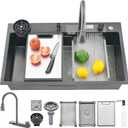 32" x 18" Black-Gray Waterfall Kitchen Sink, Drop In Stainless Steel Modern Single Bowl Sink with Pull-Out Spray Faucet, Cup Washer & Accessories