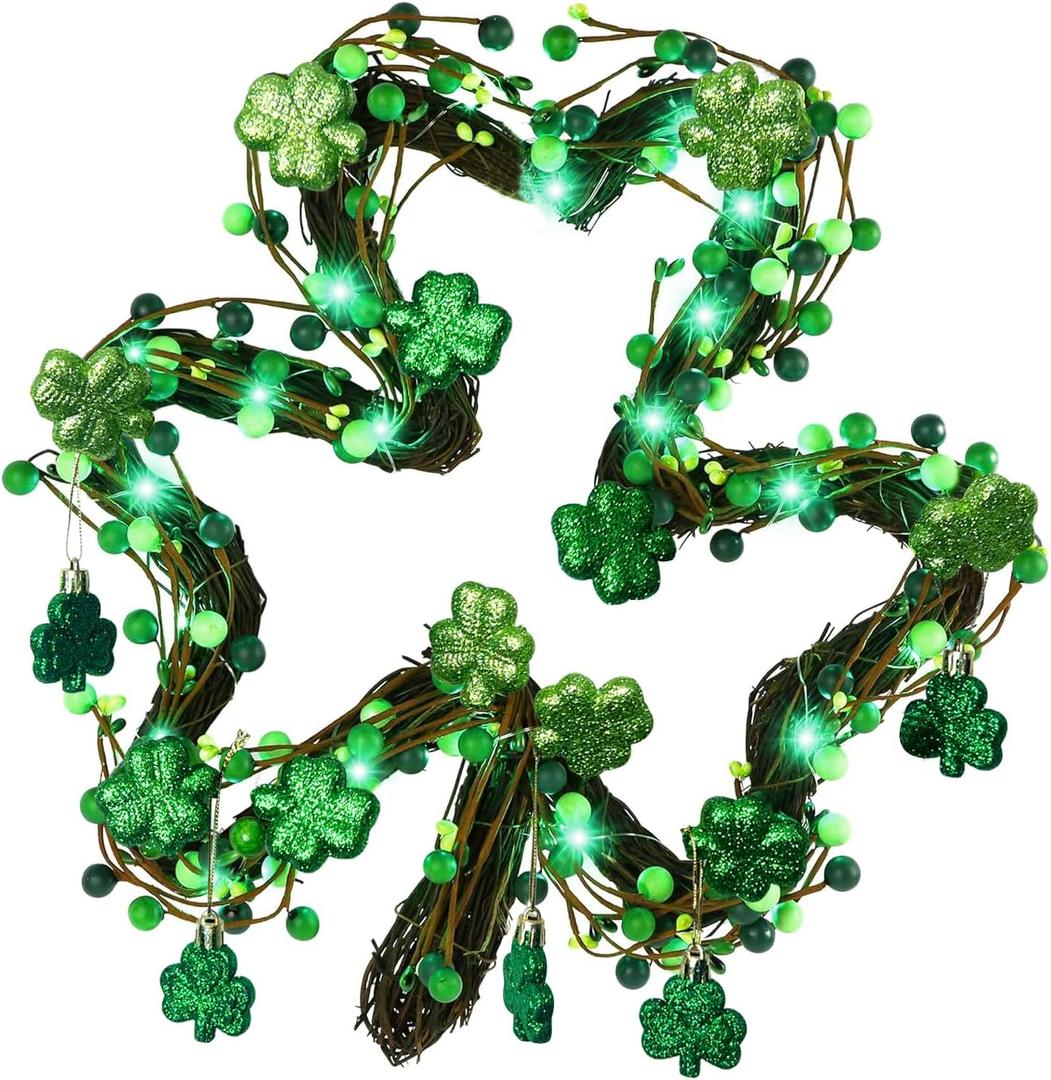 St. Patricks Day Wreath Decorations,Shamrocks Wreath for Front Door,Green Glitter Leaves Wreath, St. Patrick's Day Decor for Spring Outdoor Home Wall Window