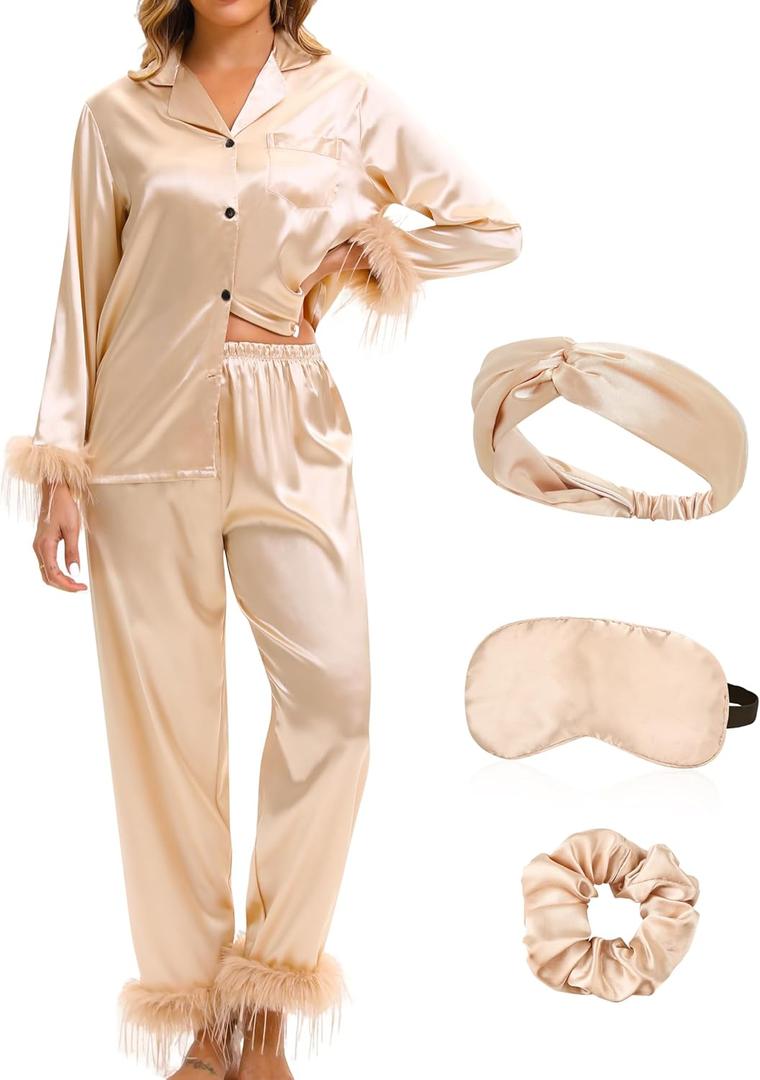 EPLAZA 2 Pcs Silk Pajamas for Women Satin Pajama Set Feather Trim Long Sleeve Button-Down Pj Set Lounge Sleepwear with Pocket (Large, Champagne)