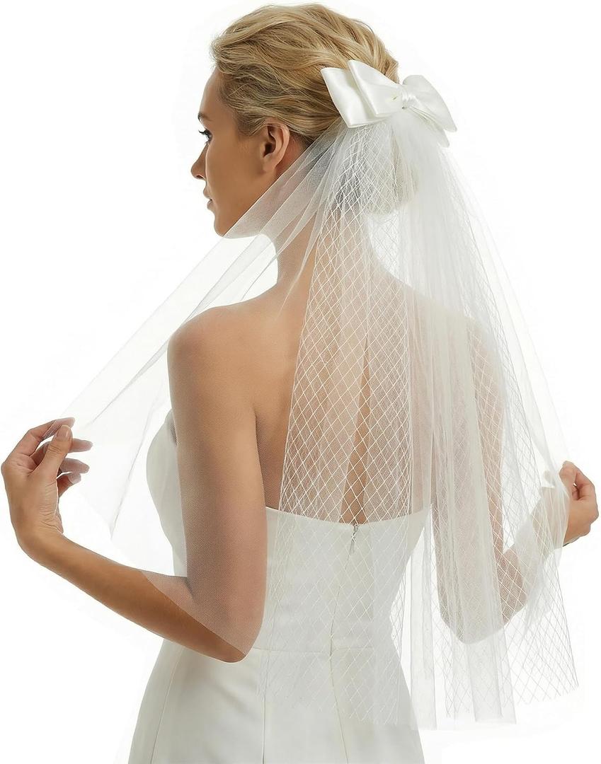 Bridal Bow Veil White 2 Tiers Veils Bachelorette Veil Tulle Hair Accessories Engagement Favors Bridesmaid Gifts (White)