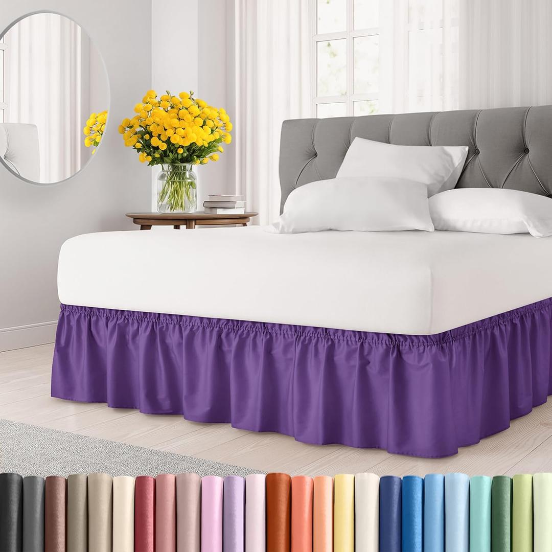 Wrap Around Dust Ruffle Bed Skirt - Purple - for King Size Beds with 15 Inch Drop - Easy Fit Elastic Strap - Adjustable Pleated Bedskirt w/Brushed Fabric - Wrinkle Free - for Women, Men, Kids & Teens