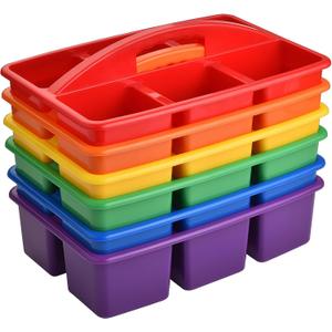 ALINK Plastic Classroom Caddy with 6 Compartments, 6-Pack Teacher Supply Storage Caddy Organizer for Classroom Supply, Office, Table, Desk, Craft Art, Pencil, Crayon, Marker - Assorted Colors