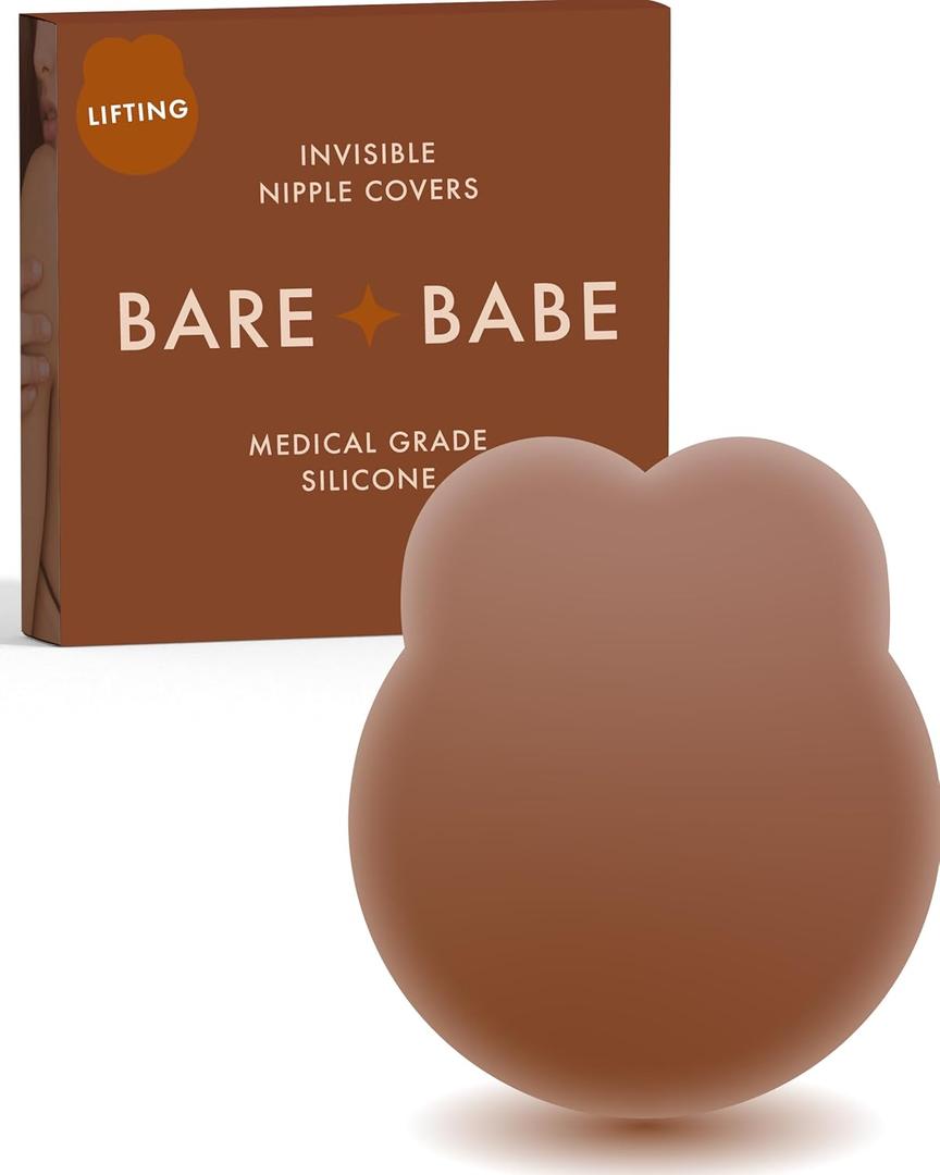 Nipple Covers with Lift - Reusable Sticky Bra Push Up - Waterproof Nipple Pasties Strapless Bras for Women 4 Shades (Large (Fits DD-F), Cocoa)