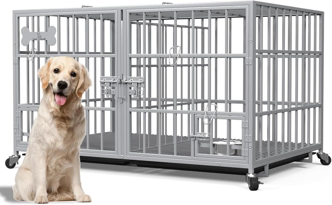 aboxoo 48/42 inch Heavy Duty Metal Dog Crate for 2 Dogs/Large Dog,All Metal Open Top,Dog Kennel Indoor with Wheels,Floor Grid, Tray, Divider and Feeding Bowl (Sliver)