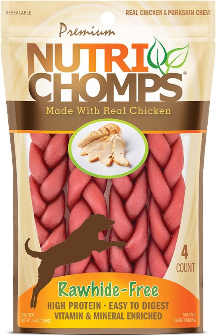 NutriChomps Dog Chews, 6-inch Braids, Easy to Digest, Rawhide-Free Dog Treats, Healthy, 4 Count, Real Chicken flavor (BB Date 10/08/2026)