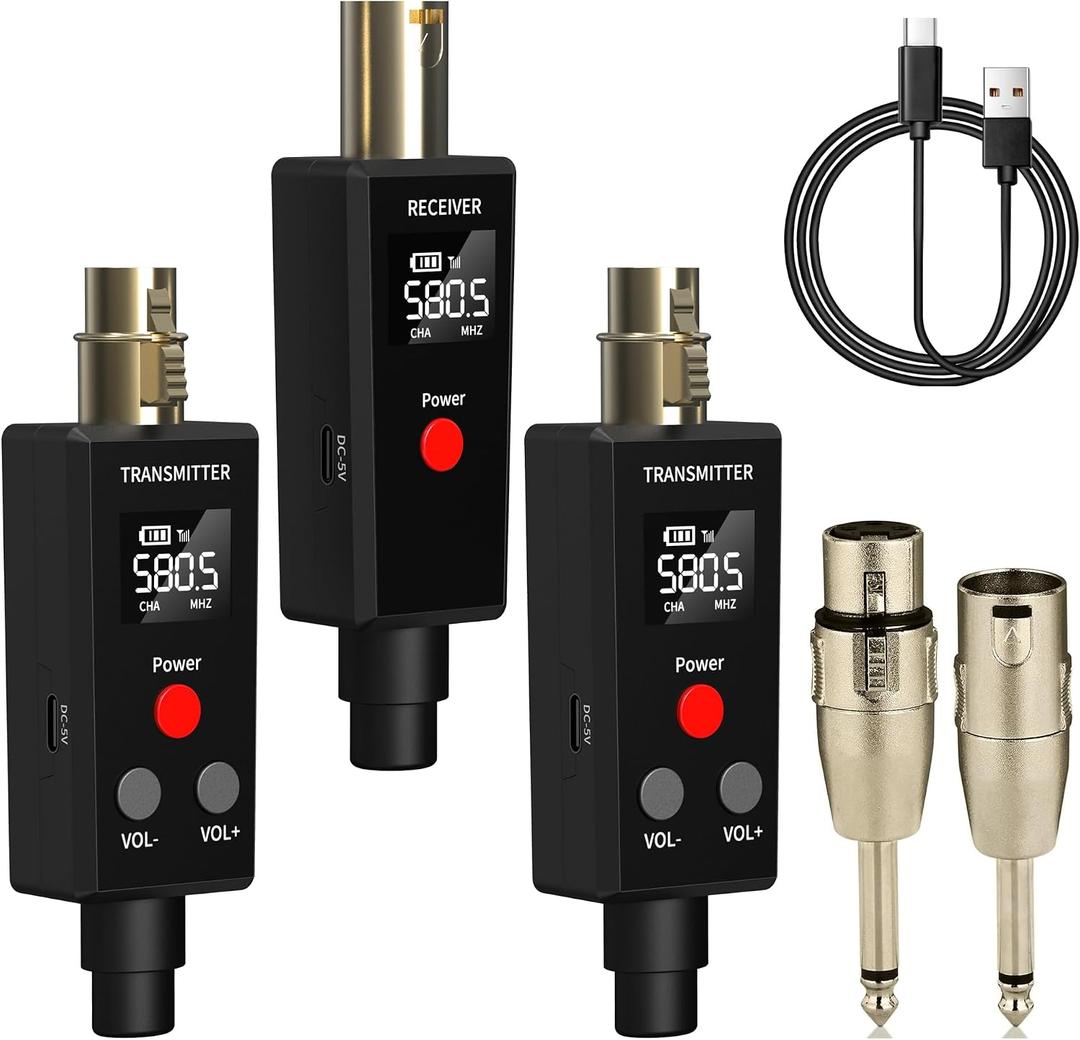 Elimavi Wireless Microphone System 2.4GHz Wireless Plug-on XLR Dual Transmitter & Receiver for Dynamic Mic,Mixer,PA System,2 Transmitters Connecting Microphones for Synchronous Transmission