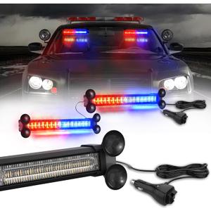 Emergency LED Strobe Traffic Advisor Lights Bar, Car Windshield Hazard Safety Warning Directional Flashing light w/Suction Cups Split Mount for Vehicle Trucks Volunteer, 2x12inch, Red Blue