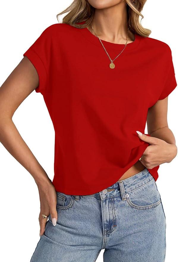 Womens Cap Sleeve Crop Tops Cotton T Shirts Crewneck Loose Fit Short Sleeves Tee Summer Fashion Clothes 2026, XL