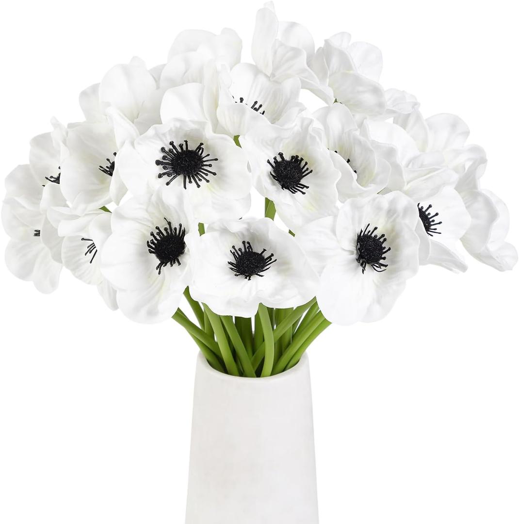 48 PCS Artificial White Flower, 11 Inch Silk Anemone Flower, Stems PU Real Touch Fake Flowers in White with Black Center for Wedding Bouquet Home Kitchen Party Table Centerpiece Decor