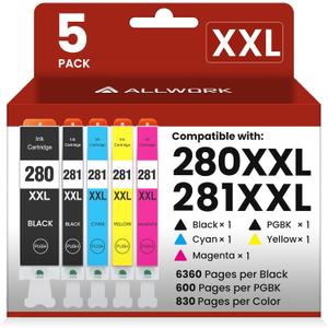 ALLWORK 280XXL 281XXL Compatible Replacement for Canon 280 281 TR8620a Ink Cartridges PGI-280XXL CLI-281XXL 280 XXL 281 XXL Compatible with TR8620 TS702a TS9521C TR8520 TS6220 TS6320 TS8220 5-Pack
