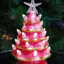 MOMENTS IN TIME Ceramic Christmas Tree 9 Pink LED Lighted Pre-Lit Tabletop Tree with Warm White Bulbs & Star Topper, Battery Operated Holiday Dcor