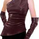 BAIMORE Women's Street Solid Mock Neck Sleeveless PU Leather Pleated Slim Fit Tank Top (Medium, Wine Red (With Oversleeve)