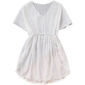 SHENHE Girl's Swimsuit Coverups Chiffon Short Sleeve Beach Dress Bathing Suit Cover Up White 13Y