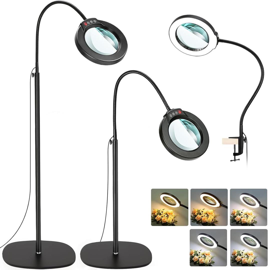 10X Magnifying Glass with Light and Stand, Optical Grade Real Glass Lens, 5 Color Modes, Stepless Dimmable, 24" Flexible Gooseneck 3-in-1 Floor Lamp, LED Lighted Magnifier Hands Free for Close Work