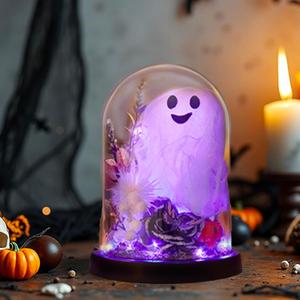 3 x Halloween Decorations Indoor, Ghost Decor Lighted Ghost in Plastic Dome Cloche, Halloween Decor Cute Spooky Ghost Decor for Tabletop Mantel Display