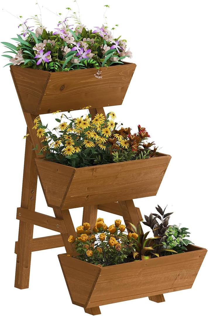 Kitsanery 3-Tiers Wooden Raised Garden Bed,Wood Planter Box for Vegetable,Flower Rack,Flower Pot Stands,Indoor Outdoor Gardening Planting Beds (Brown, Small)