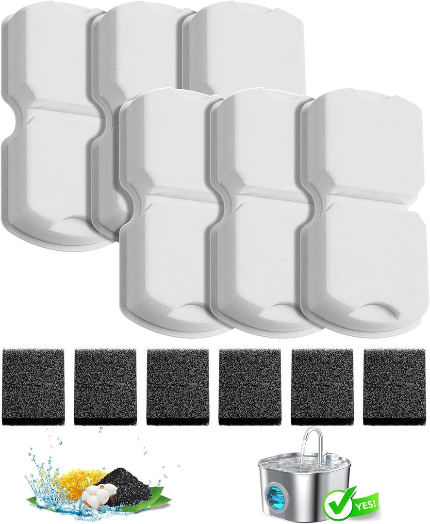 HOOISE Cat Water Fountain Filter Replacement: 6Pack Pet Fountain Filters of 6 Carbon Filters & 6 Sponges - Use for HOOISE 74oz Automatic Pet Fountain Cat Water Dispenser S15