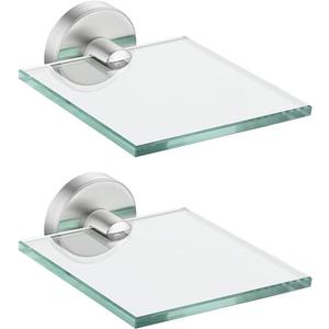 JQK Small Floating Glass Shelves Brushed, 4 Inch Display Ledges for Wall, Mini Decor, Living Room Bedroom Bathroom, Tempered Glass Shower Storage, 2 Pack, TGS101L4-BN-P2