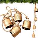Rustic Decorative Cow Bells 4-Bell Cluster Christmas Bell Shabby Chic Vintage Harmony Cowbell Brass Coated Country Jute Rope Hanging Gold Bells (4pc Cluster 10cm)