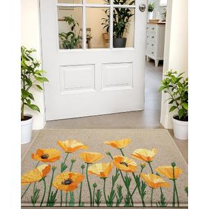 LUMI Spring Floral Door Mat, Low Profile Thin Mesh Doormats, Dirt Trapper Stain Resistant Welcome Mats, Waterproof Outside Mat for Home Decor, 32"x47", Beige