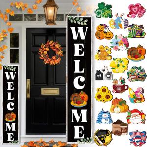 Welcome Sign for Front Porch Standing 47 x 9. 8 Inch Interchangeable Wooden Sign with 20 Interchangeable Designed Icons Farmhouse Seasonal Leaner Rustic Porch Door Outdoor Holiday Decor