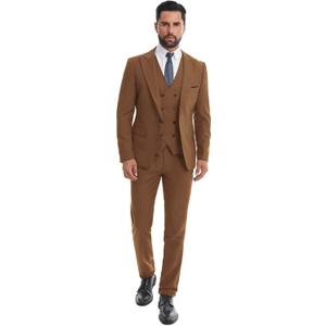 Men's 3 Piece Slim Fit Suit Set One-Button Tuxedo Jacket Vest & Pants for Wedding Prom Business (Large, Brown)