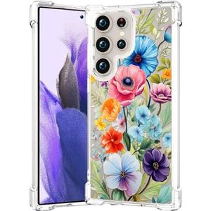 CCFUNCASE Compatible for Samsung Galaxy S24 Ultra Case Clear Cute for Women - Rugged Phone Cases Funda Protector Cover Skin (Blue Flower Floral Abstract) Pack of 2