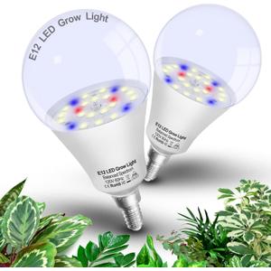 Full Spectrum Small Base E12 Candelabra Plant Grow Light Bulbs,Red Blue Yellow 5000K White Plant Growing Lamp Bulbs 10W with Balanced Spectrum for Indoor Seeds Greens Laboratory,School,Greenhouse,2Pcs