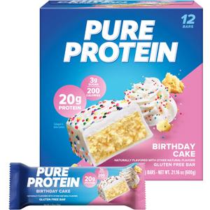 Pure Protein Bars, High Protein, Nutritious Snacks to Support Energy, Low Sugar, Gluten Free, Birthday Cake, 1.76 oz, Pack of 12, Best By: 09/06/25