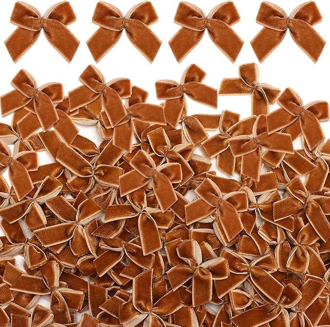 Waydress 120 Pcs Tiny Mini Christmas Velvet Bows for Crafts Xmas Twist Tie Bows Ribbon Bowknot Christmas DIY Craft Sewing Scrapbooking Gift Wrapping (Brown,1 Inch)