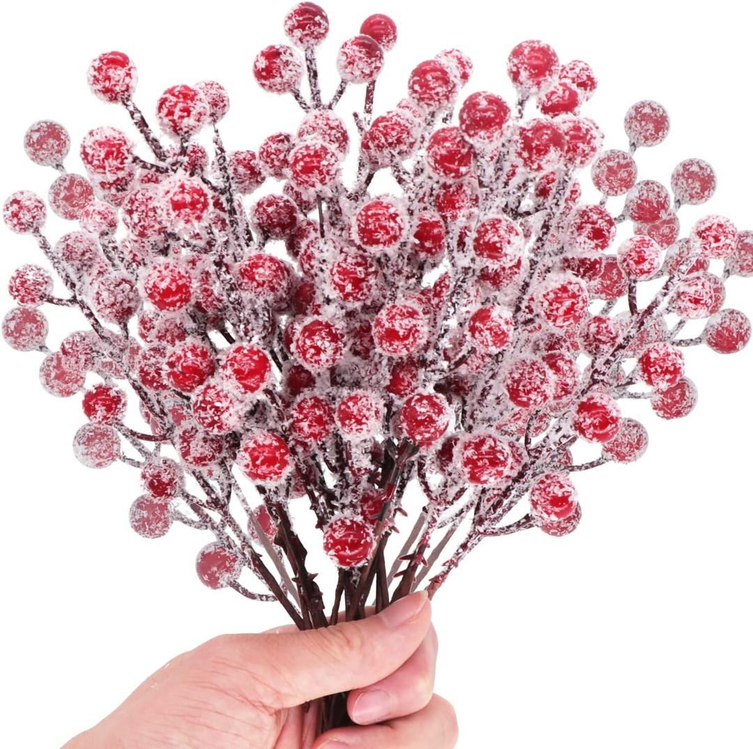 24 Pieces Artificial Holly Berry Stems 9" Christmas Berry Picks Sprays Snowy Fake Red Berries for Christmas Tree Branches Fillers Ornaments Valentine DIY Crafts Wedding Home Party Winter Decor (24)