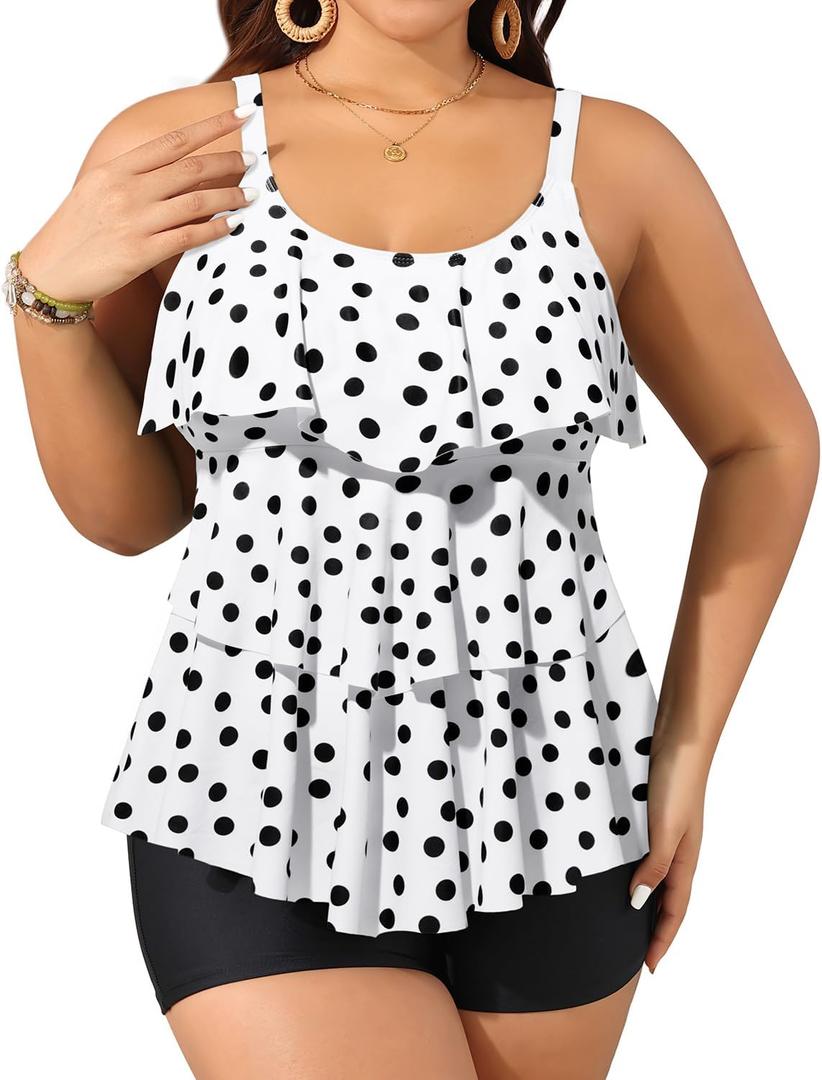 Yonique Women's Plus Size Tankini Swimsuits with Shorts Two Piece Bathing Suits Ruffle Swimsuits Tummy Control Swimwear (White) 22W