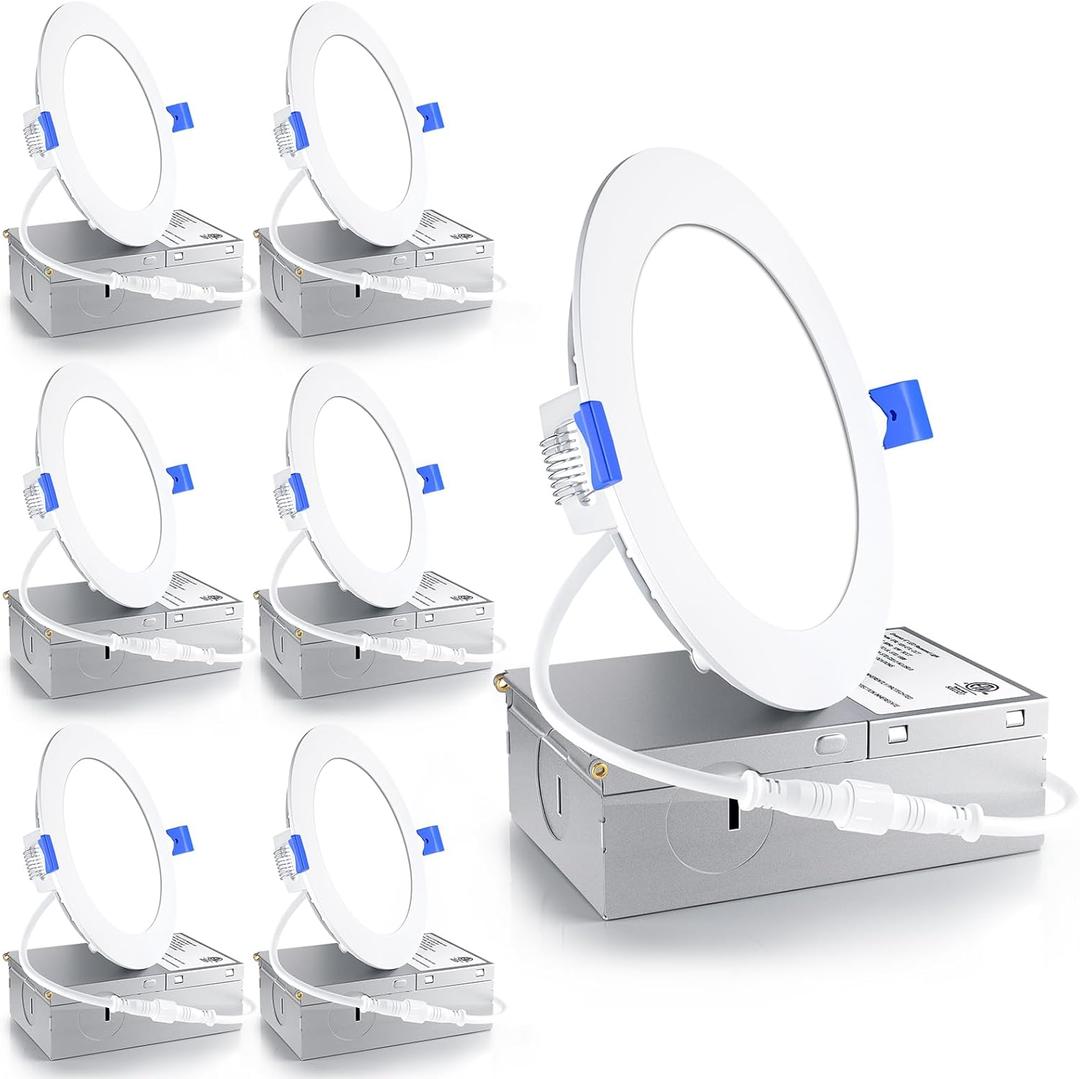 Ensenior 6 Pack 4 Inch LED Recessed Light, Dimmable, 6000K Clear White, 750LM High Brightness, 9W 120V, Damp Rated, Ultra-Thin Canless Wafer Ceiling Light - ETL & FCC & IC