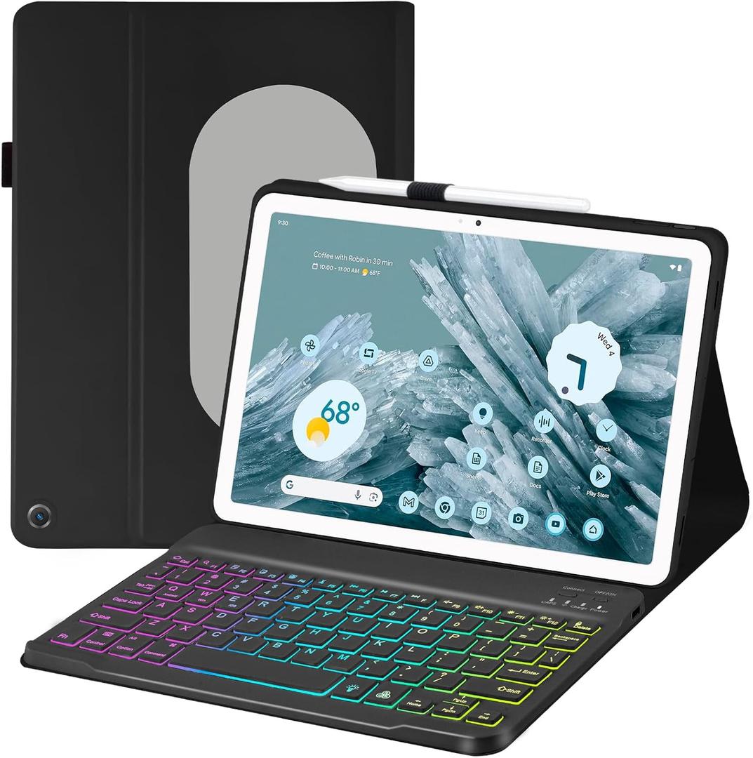 Case with Keyboard for Google Pixel Tablet 11 inch 2023 Release,7 Color Rainbow Backlit Detachable Type-C Charging Keyboard Magnetic Cover with Pencil Holder-Black