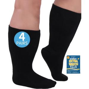 Powbrace 4 Pairs Wide Diabetic Socks for Swollen Feet, Lymphedema & Edema Relief, Non-Binding Calf Socks for Men & Women (One Size)