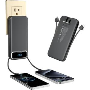 Portable-Charger Power-Bank with Built-in Cables & AC Wall Plug - 12000mAh PD 20W Fast Charging for iPhone,Android, USB-C,Rechargeable External Battery Pack for Cell Phone,Type C cords,Travel Black
