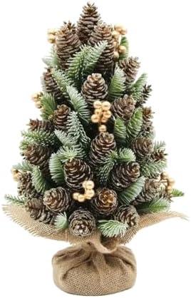 Rustic Mini Christmas Tree with Pine Cones, Silver Berries and Burlap Base, Decorative Tabletop Christmas Tree Christmas Table Centerpieces Xmas Decoration (Gold)