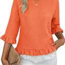siliteelon Womens 3/4 Sleeve Tops Summer Tshirts Ruffle Flowy Crew Neck Dressy Casual Blouses 2026 Trendy Cute Work Outfits, Orange, S